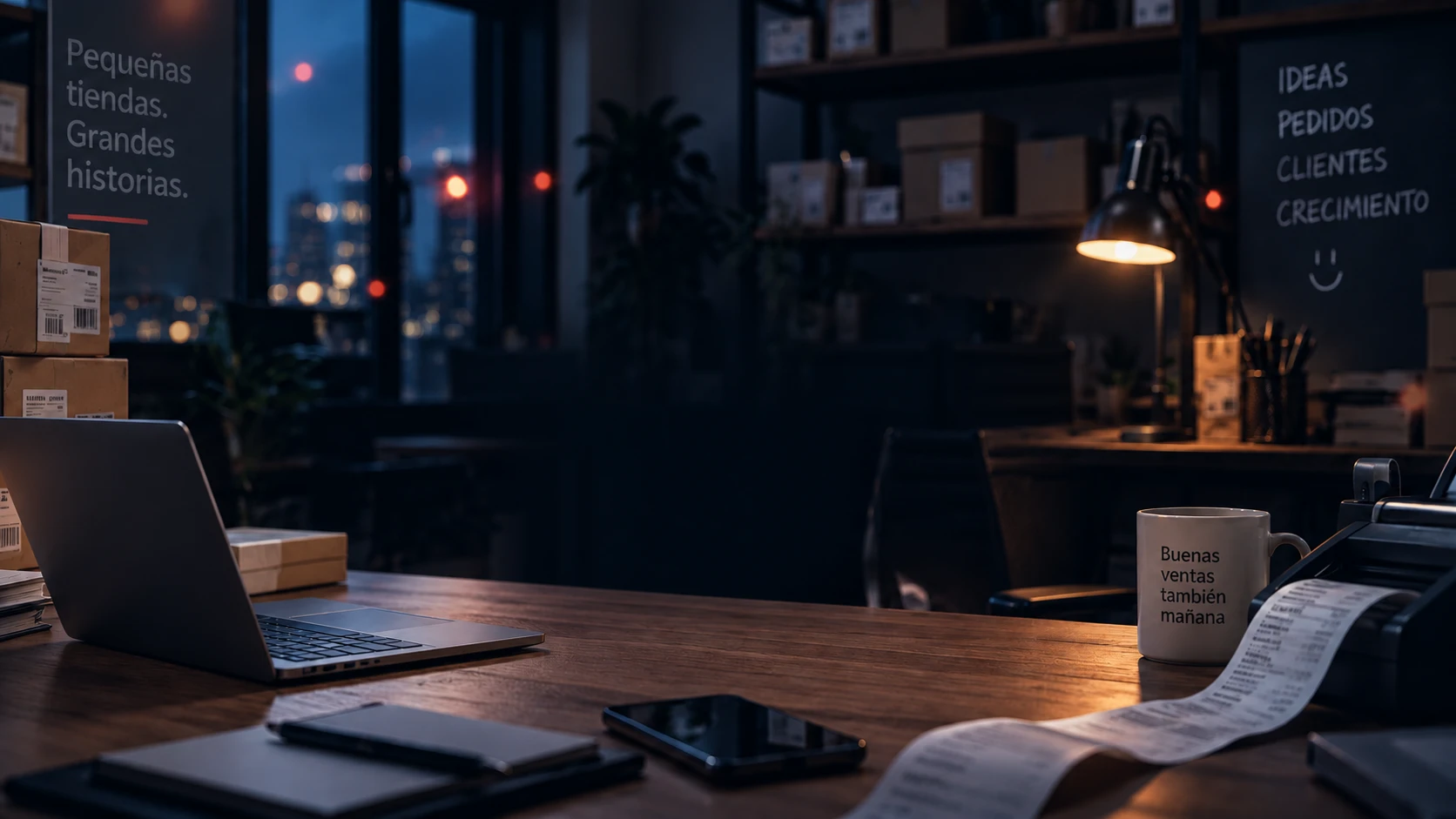 Oficina de noche con laptop, celular y un recibo largo sobre el escritorio