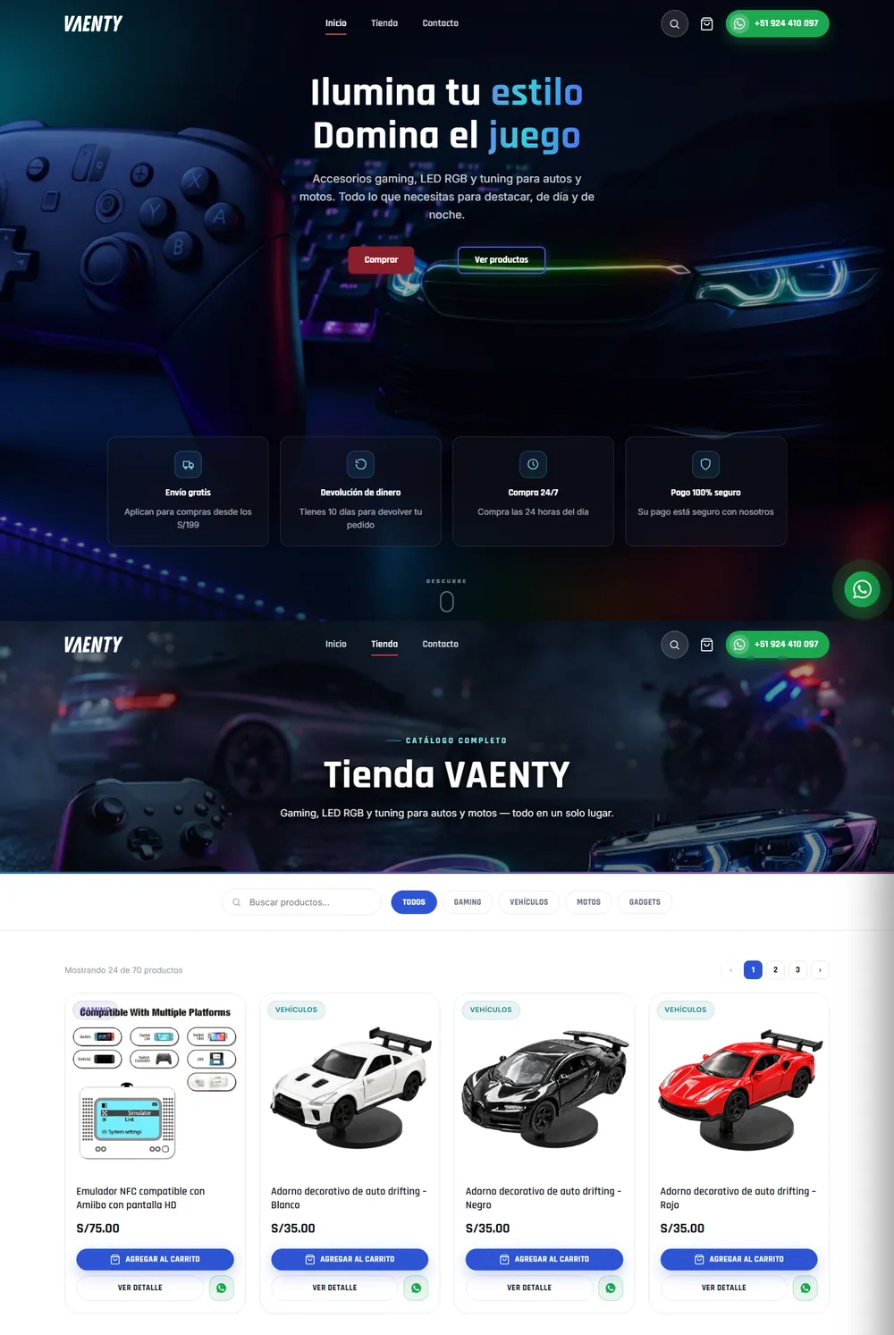 Vista de la página de Vaenty: portada y tienda con buscador y productos