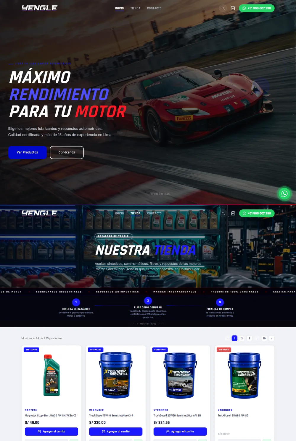 Vista de la página de Yengle: portada y tienda de lubricantes